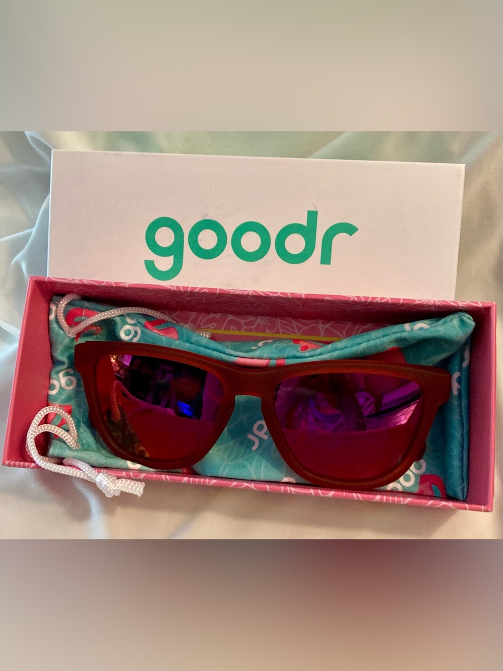 NIB Goodr Red Sunglasses with Pink Mirror Lenses
